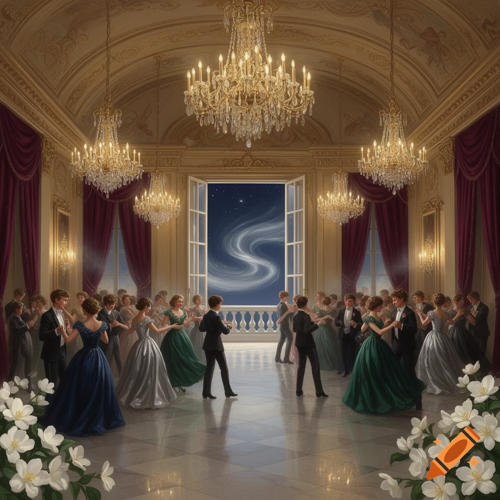 Elegantly dressed people dance in a grand ballroom with opulent chandeliers and a window view of a starry night sky.