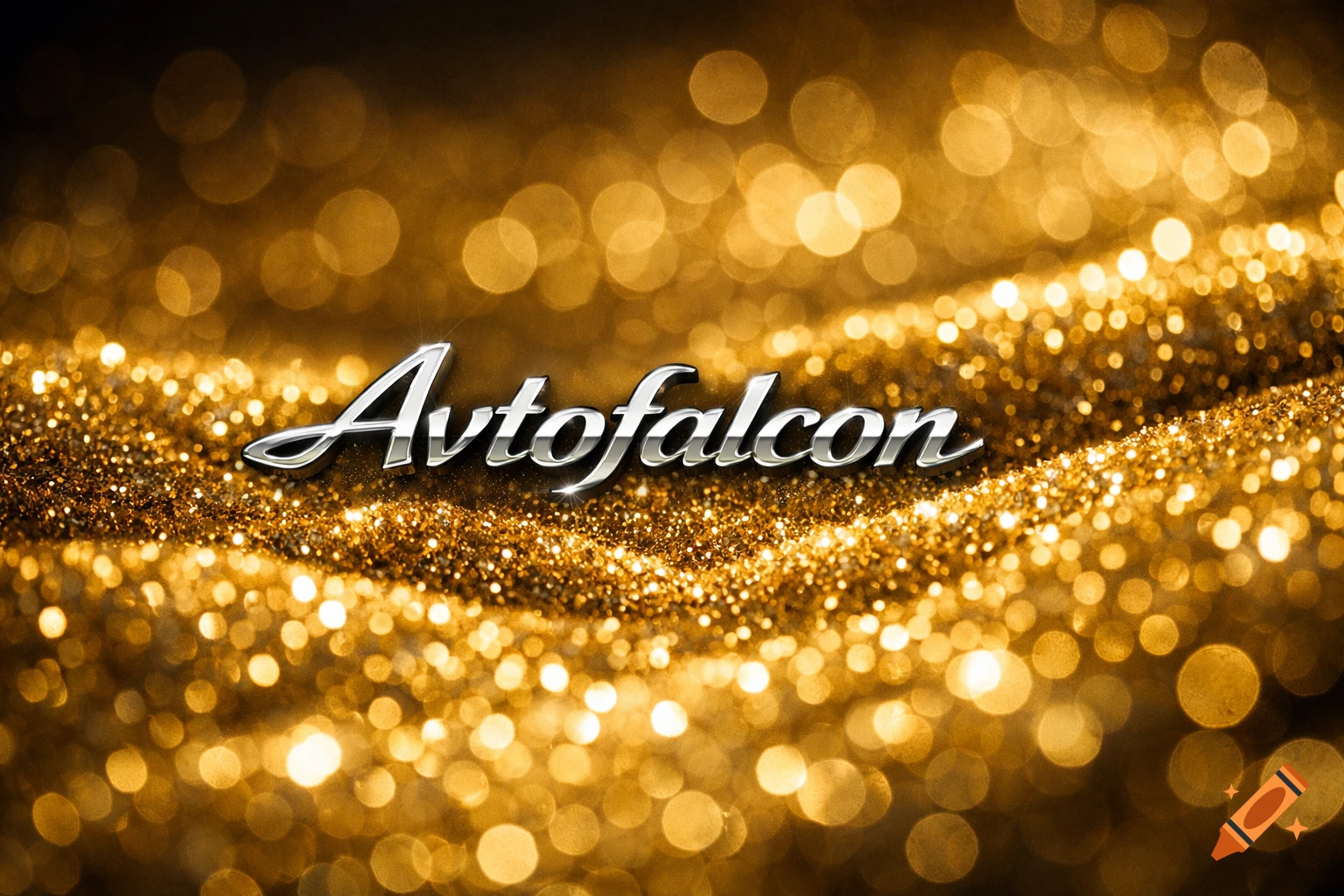 Sleek silver chrome text 'Avtofalcon' centered on a sparkling gold glitter texture with bokeh lights.