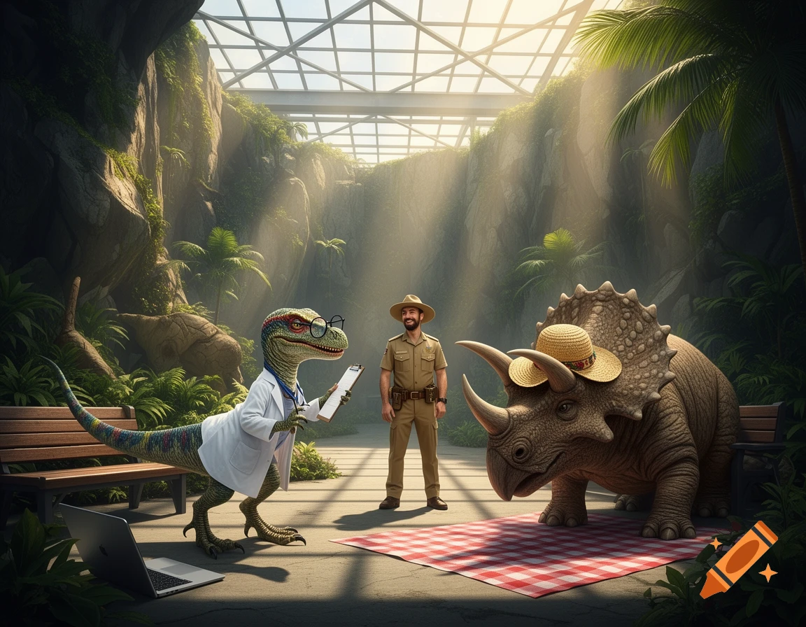 Park Ranger With Raptor A smiling park ranger stands between a raptor in a lab coat and glasses ...