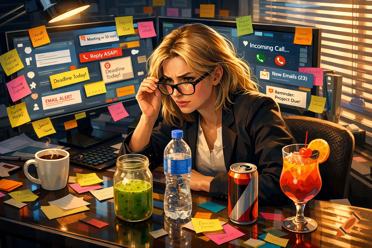 Stressed blonde woman in glasses at a cluttered office desk with dual monitors covered in sticky notes and notifications, digital art.