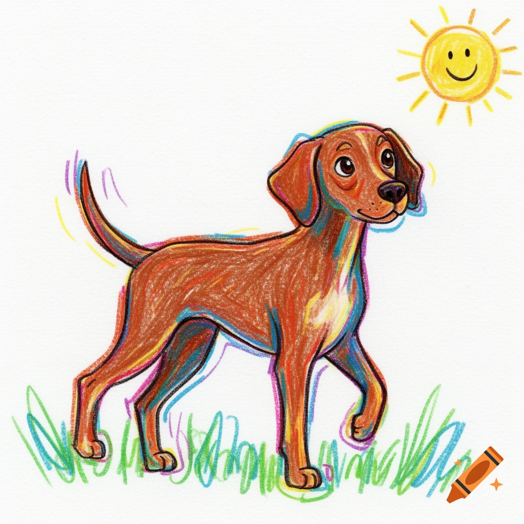A stylized crayon drawing of a brown vizsla dog walking on green grass under a smiling sun.