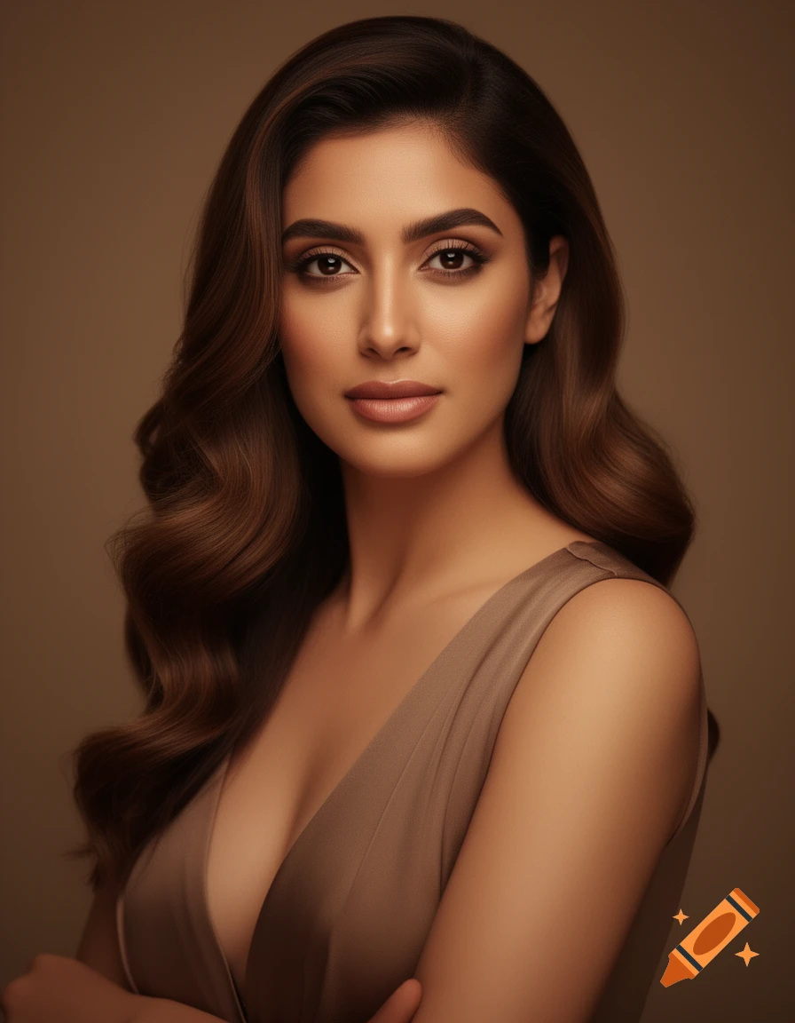A photorealistic portrait of a woman with long wavy brown hair, wearing ...
