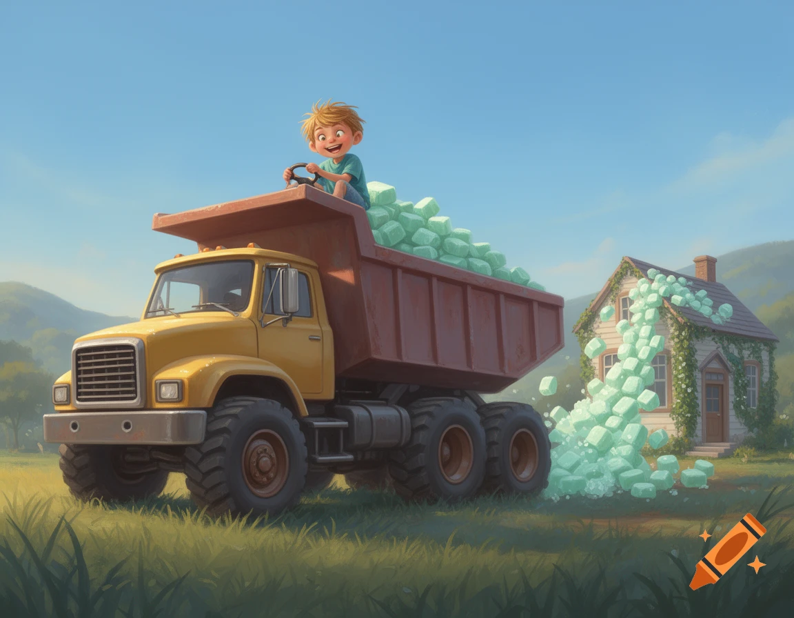 A happy cartoon boy sits atop a yellow dump truck, dumping green mint sweets onto a house in a sunny field.