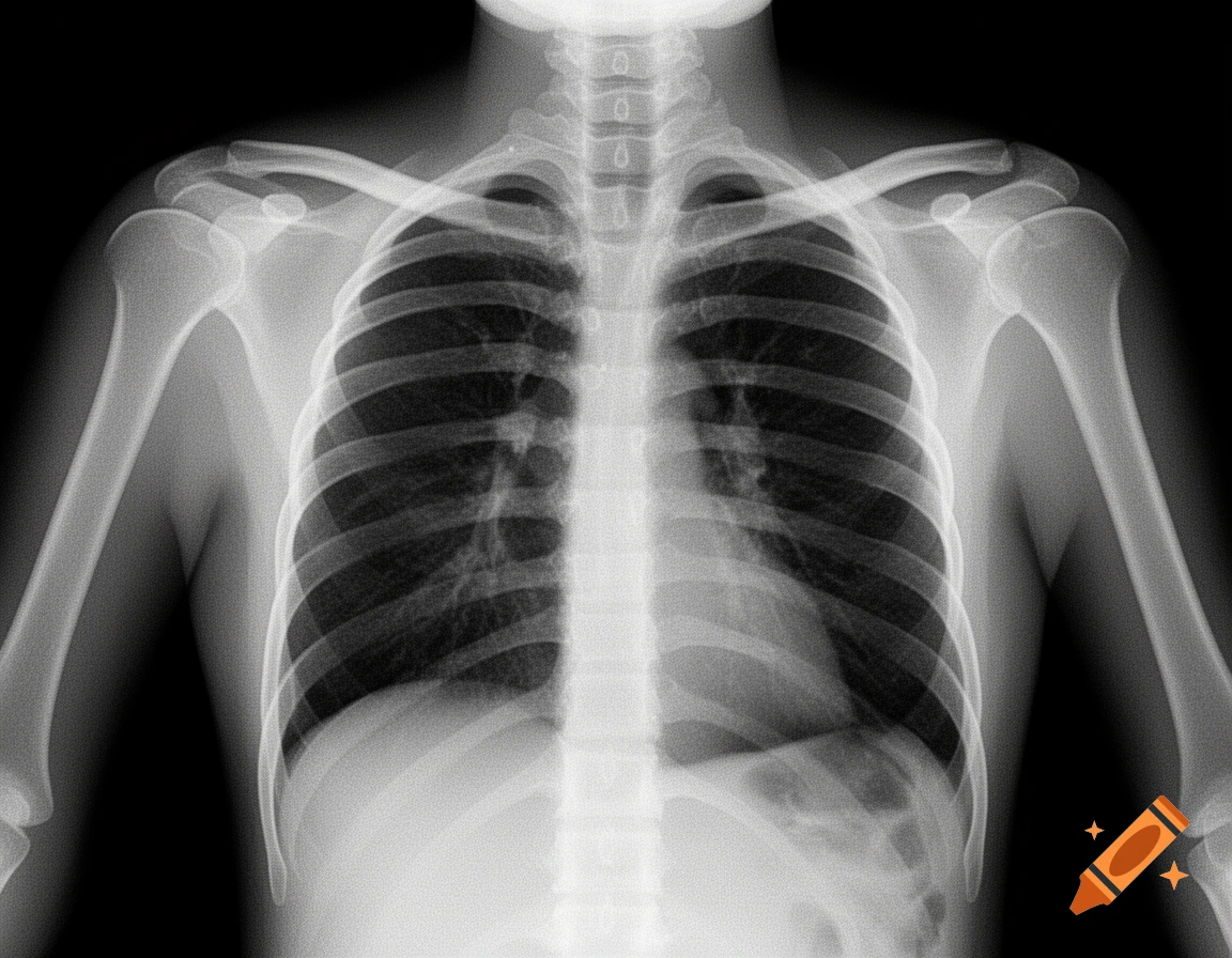 Frontal medical X-ray of a human torso, revealing the ribcage, spine, and arm bones in a high-contrast black and white style.