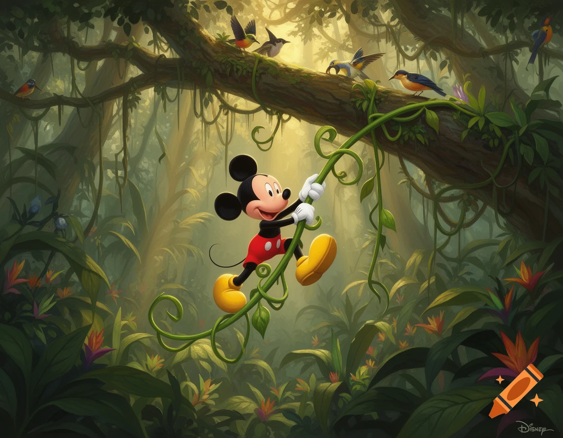 Mickey Mouse joyfully swings on a green jungle vine, surrounded by lush foliage and colorful birds perched on a sunlit tree branch.