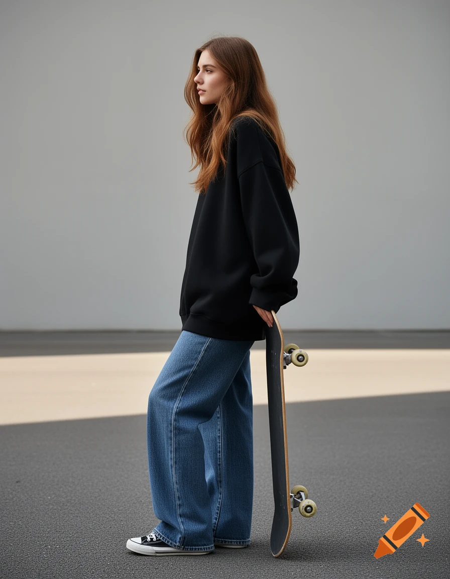 Young woman in black oversized sweatshirt, baggy blue jeans, and skate shoes, standing with a skateboard against a minimalist urban background.