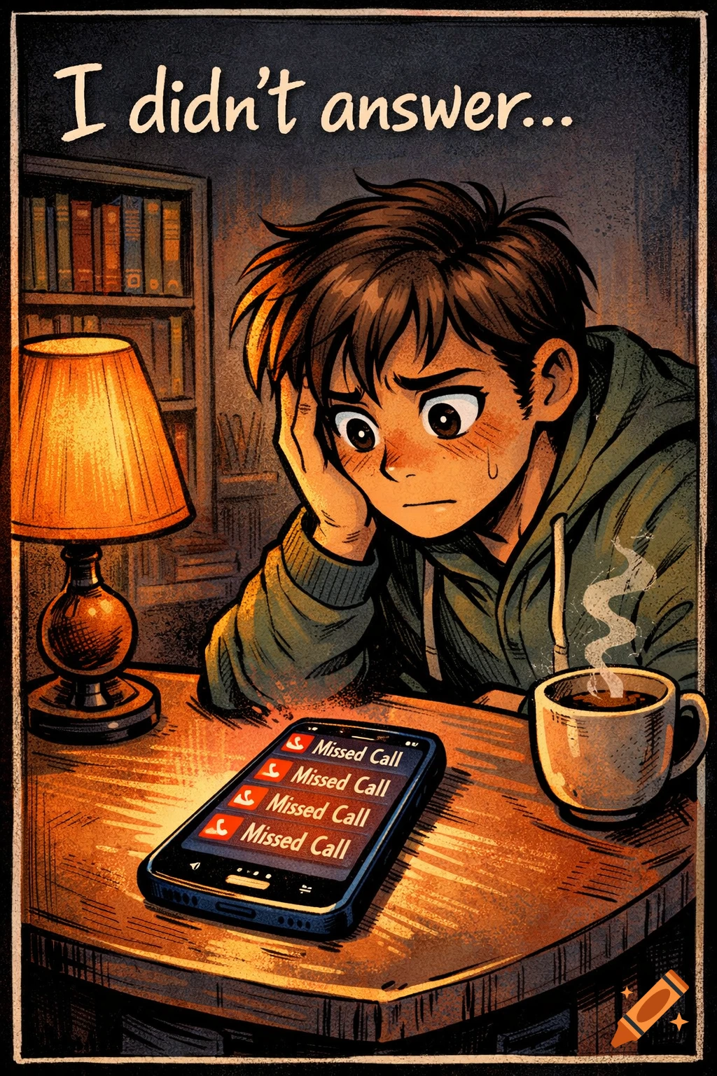 A worried person in comic style looks at a phone showing multiple missed calls; text reads 'I didn't answer...'