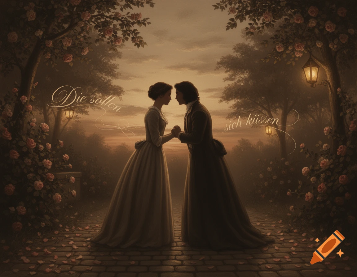 Two people in historical attire hold hands in a rose garden at dusk, with glowing lanterns and 'Die sollen sich küssen' text.