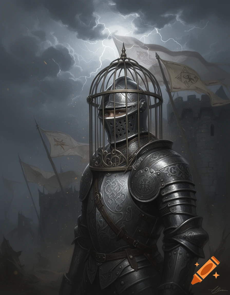 A knight in ornate armor with a birdcage covering his face stands before a stormy sky with lightning and a distant castle.