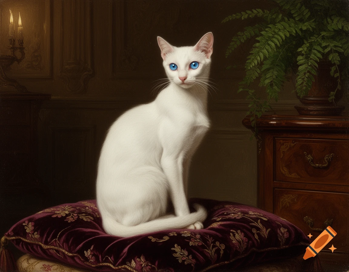 A white cat with blue eyes sits on a deep red velvet cushion in a classic painting style, set in a dim room with antique furniture.