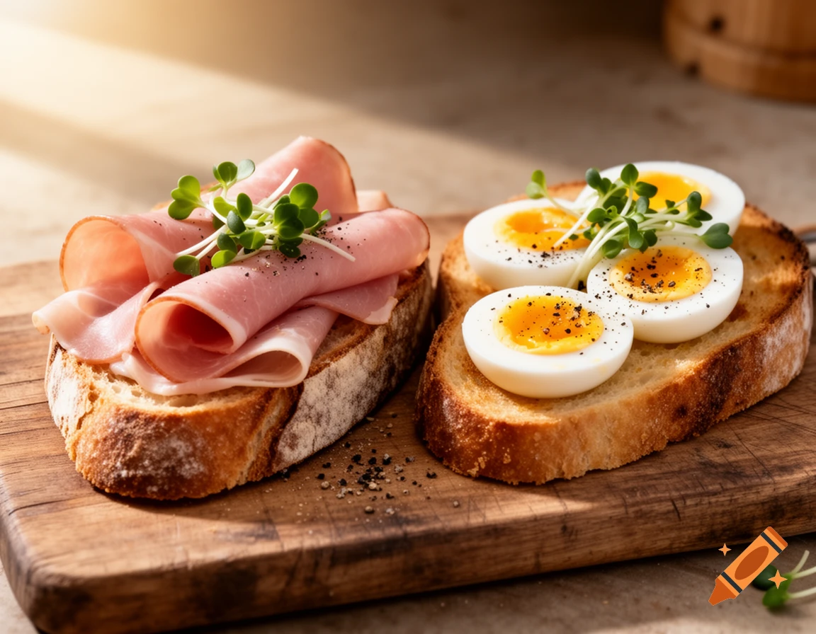Two pieces of toast on a wooden board: one with rolled ham and sprouts, the other with sliced hard-boiled eggs and sprouts.