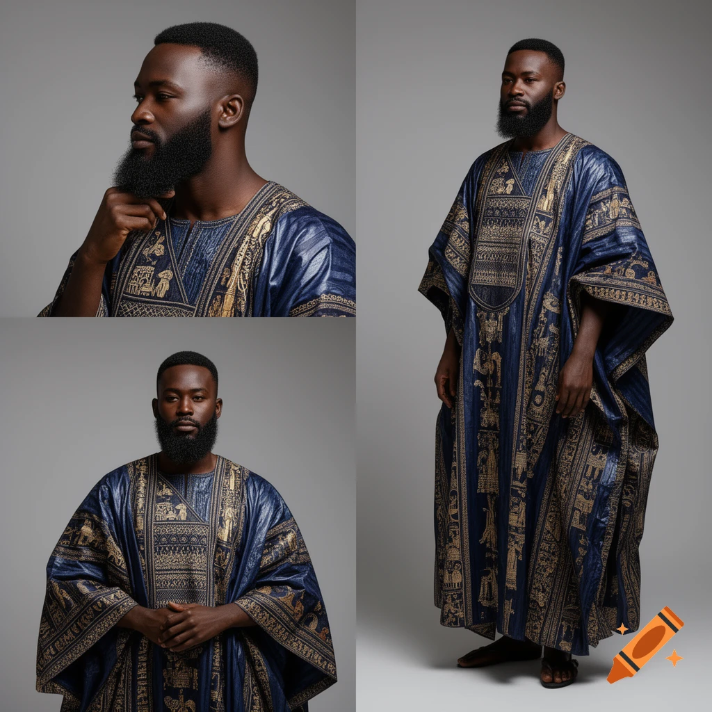 Photorealistic portrait of a man with a beard wearing a traditional blue and gold agbada with intricate patterns.