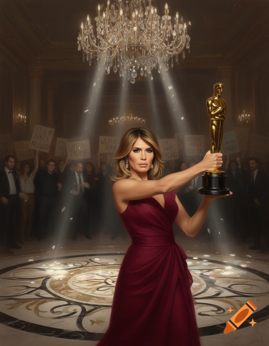Melania Trump in a red dress holds an Oscar statuette aloft in a grand ballroom, with a crowd holding protest signs in the background.