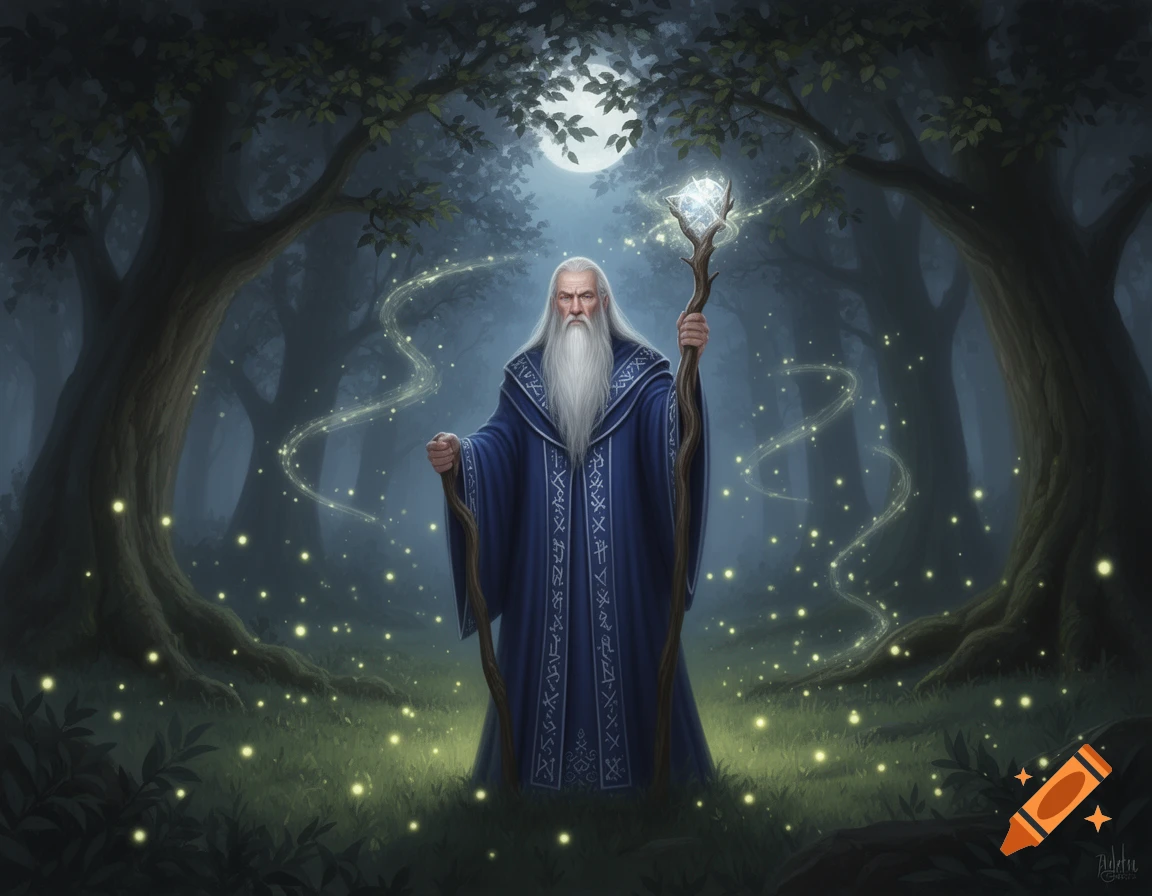 A wise old wizard with a long white beard and a blue robe stands in a mystical forest under a full moon, holding a glowing staff amidst fireflies.