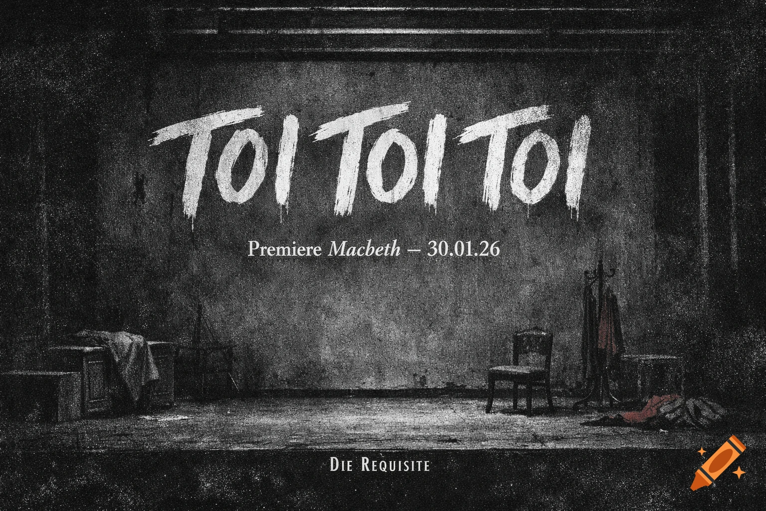 Dark, minimalist theater poster with 'TOI TOI TOI', 'Premiere Macbeth \u2013 30.01.26', and 'DIE REQUISITE' text on a gritty stage.