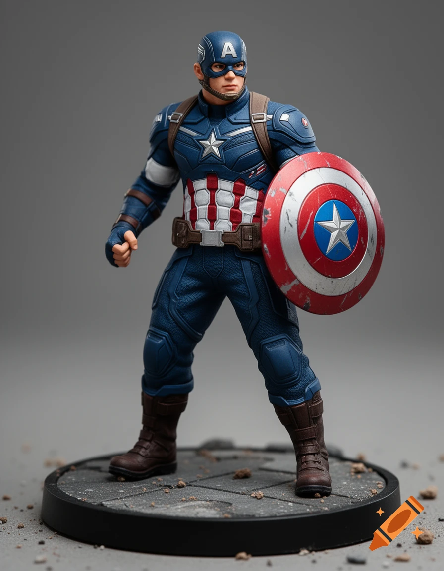 A detailed Captain America action figure with his shield, standing on a debris-strewn base against a grey background.