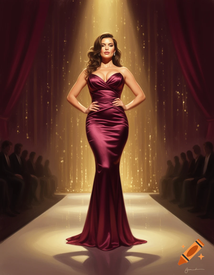 A glamorous woman in a form-fitting dark pink gown poses on a spotlighted runway, with a blurred audience in the background.