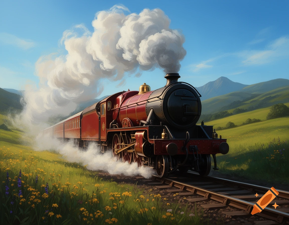 A vibrant red and black steam train travels through a lush green valley with rolling hills under a bright blue sky. White smoke billows from its chimney as it glides on tracks amidst wildflowers.