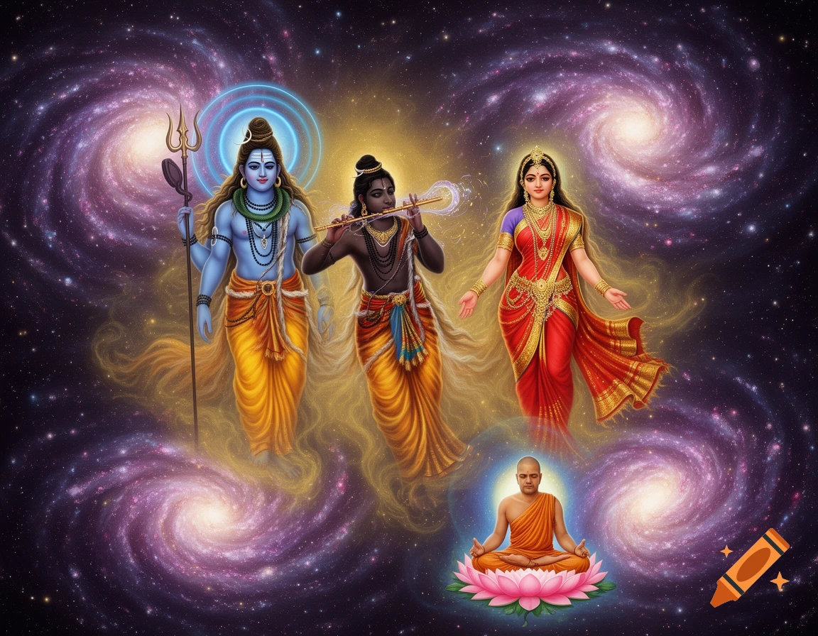 Shiva, Krishna, a goddess, and a monk float against a vibrant cosmic background with swirling galaxies.