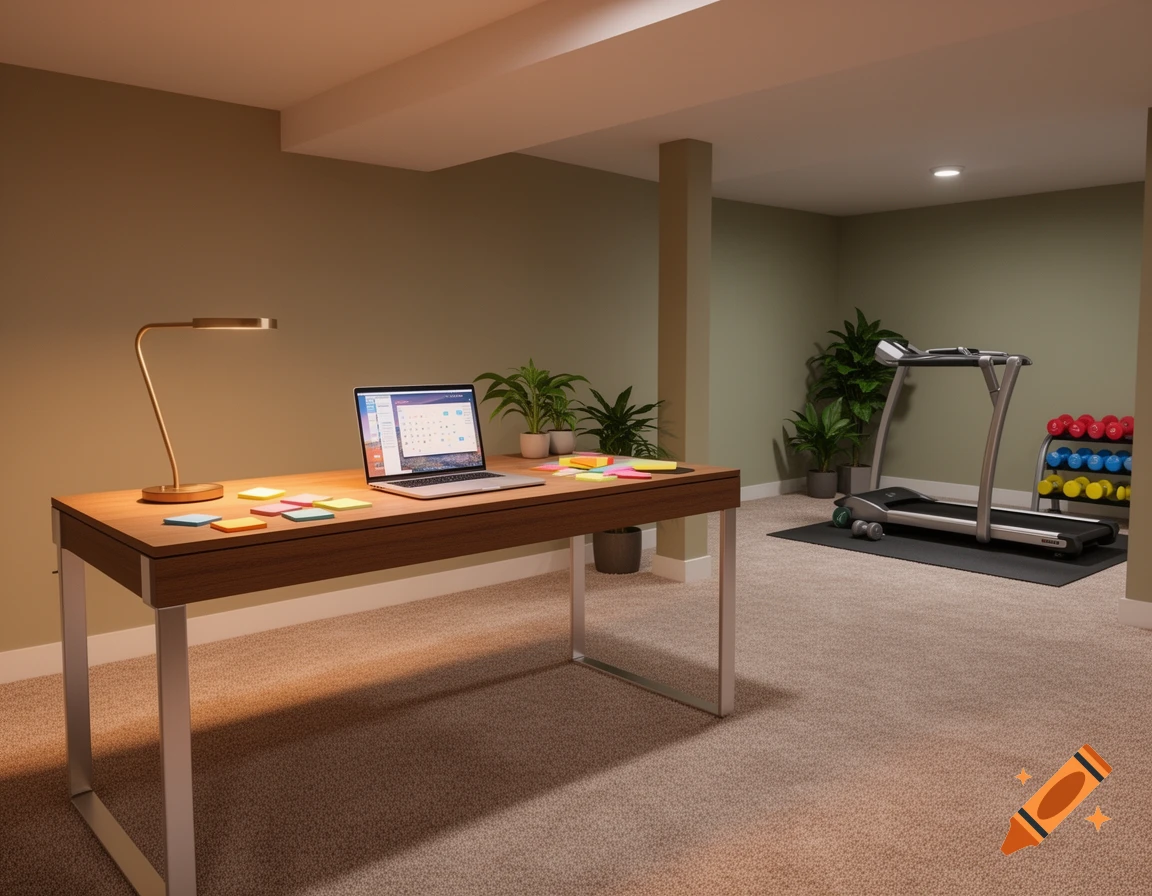 A modern basement room featuring a wooden office desk with a laptop and lamp, beside a workout area with a treadmill and weights.