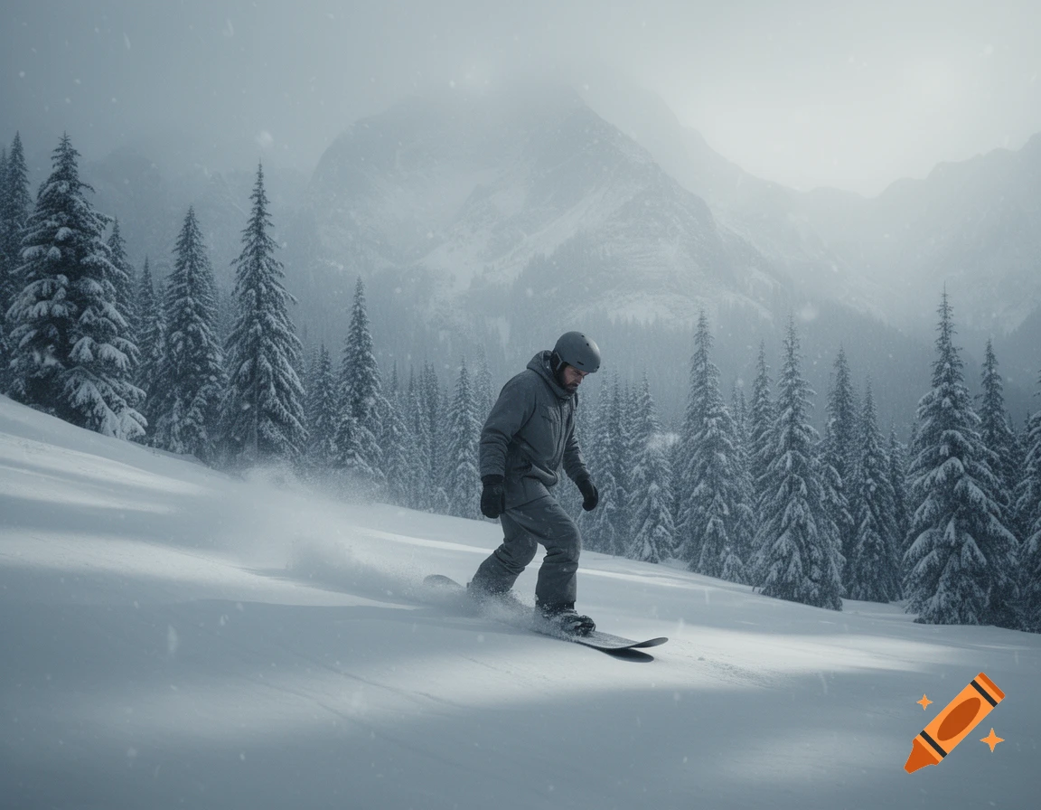 A man snowboarding down a snowy slope with pine trees and mountains in the misty background.