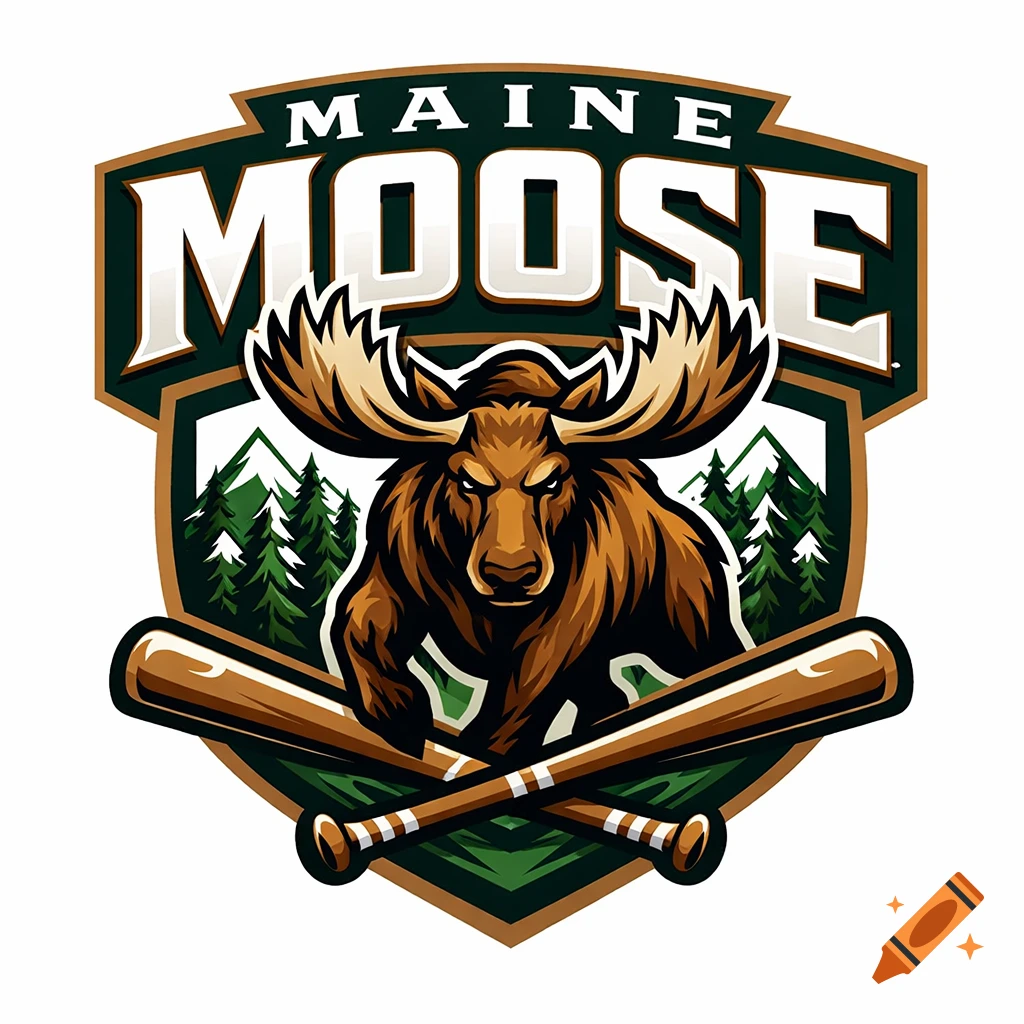A stylized baseball logo for the Maine Moose team, featuring an aggressive moose head over crossed baseball bats and evergreen trees.