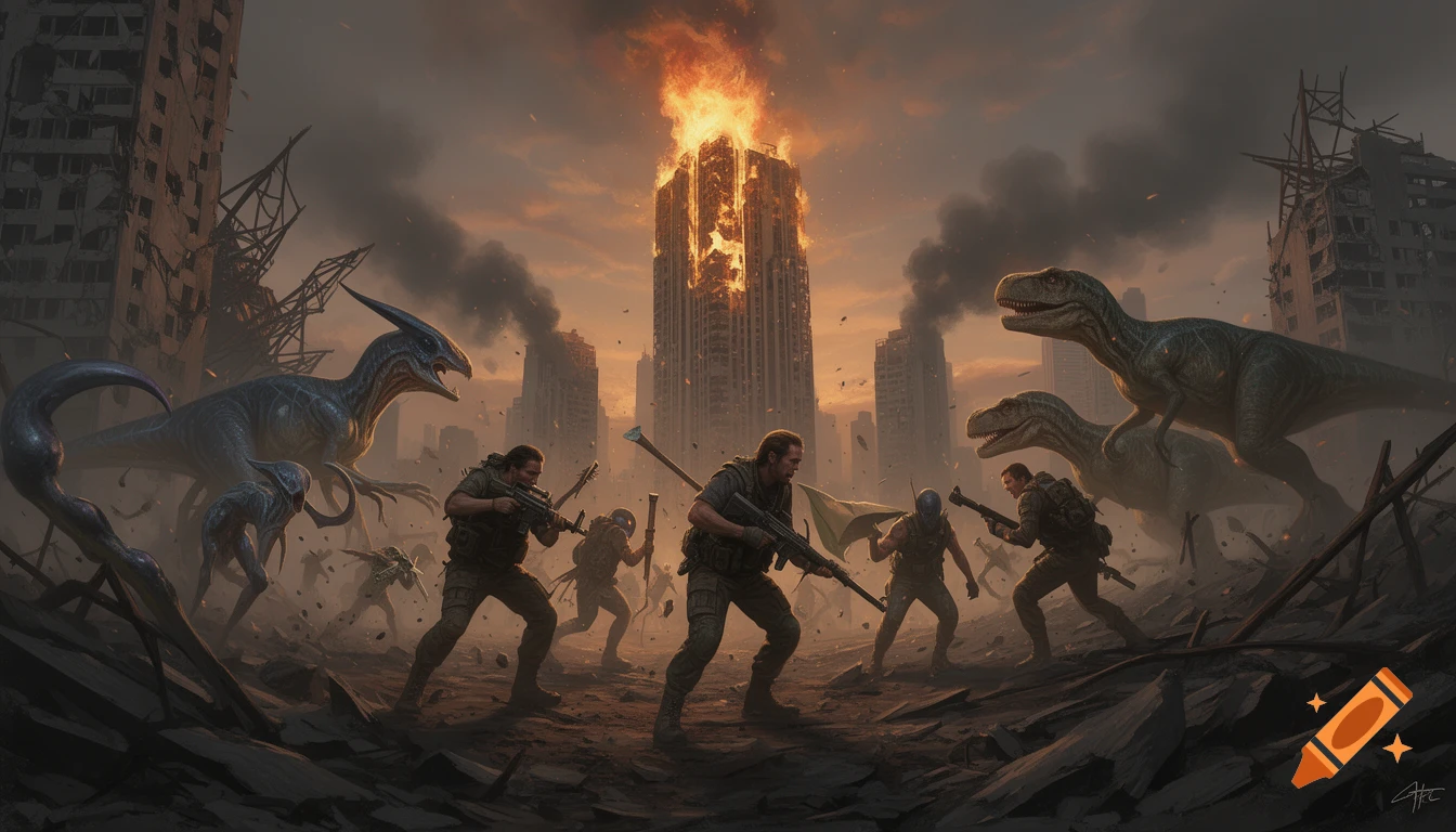 Soldiers battle dinosaurs and alien creatures in a ruined city with a burning skyscraper at sunset, photorealistic style.