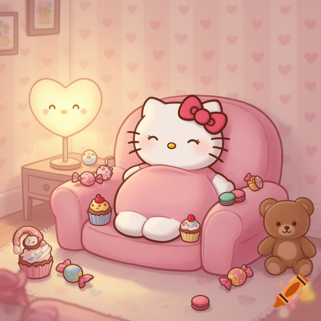 Hello Kitty, appearing plump, sits in a pink armchair surrounded by cupcakes and candies in a cozy, pink room.