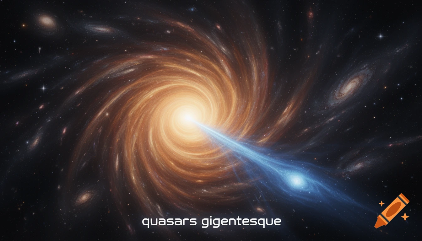 A bright, swirling orange and yellow quasar with a blue jet and text 'quasars gigentesque', surrounded by galaxies and stars in deep space.