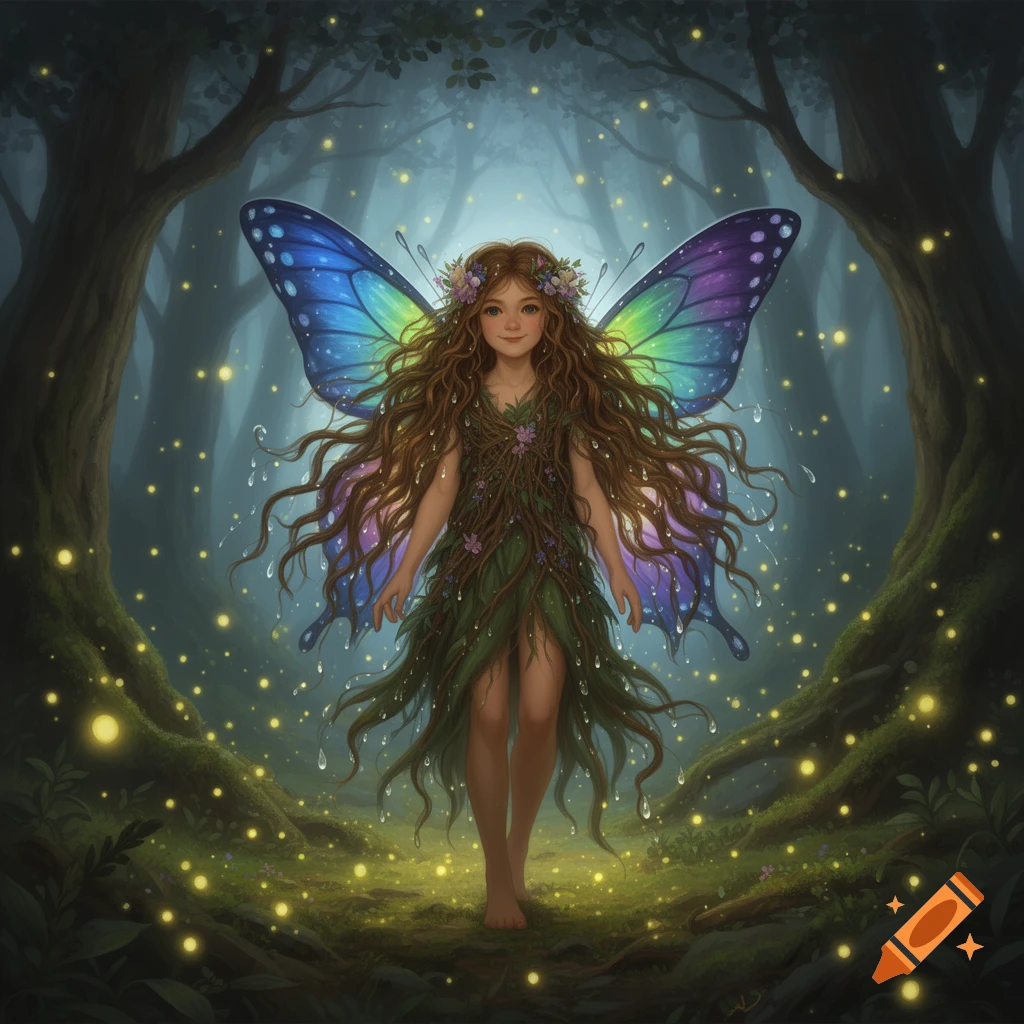 A smiling fairy girl with long brown hair, colorful butterfly wings, and a green leafy dress stands barefoot in a mystical forest with glowing orbs.