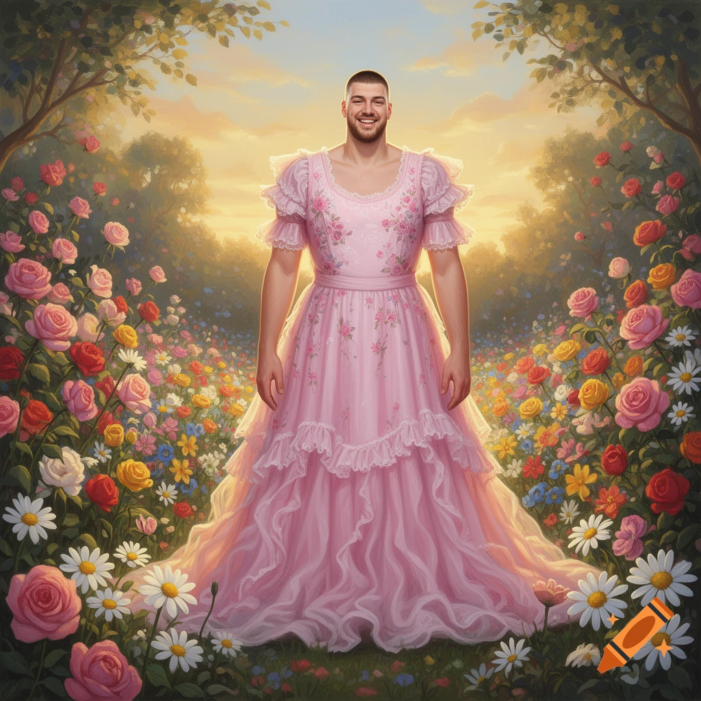 A smiling man in a pink ruffled dress stands in a vibrant garden of ...