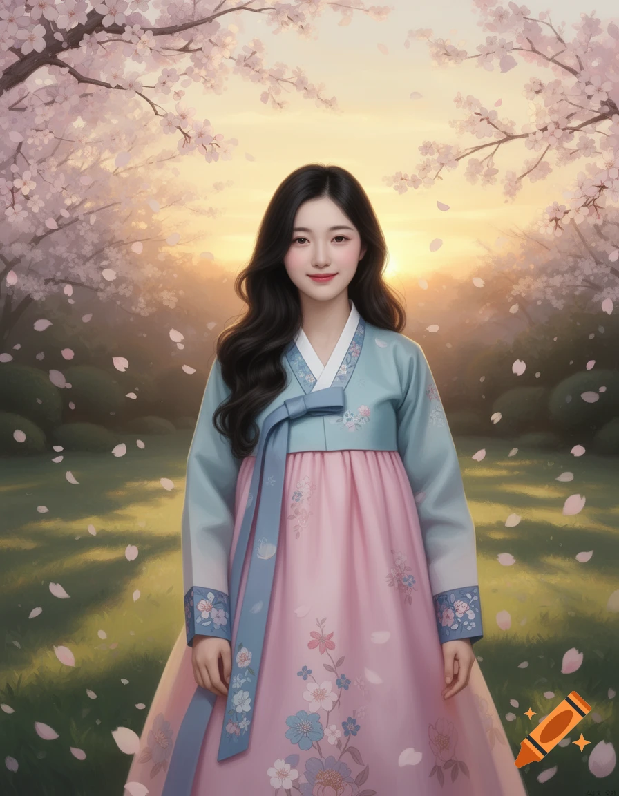 A young woman in a traditional Korean hanbok stands in a cherry blossom garden with falling petals in a digital art style.