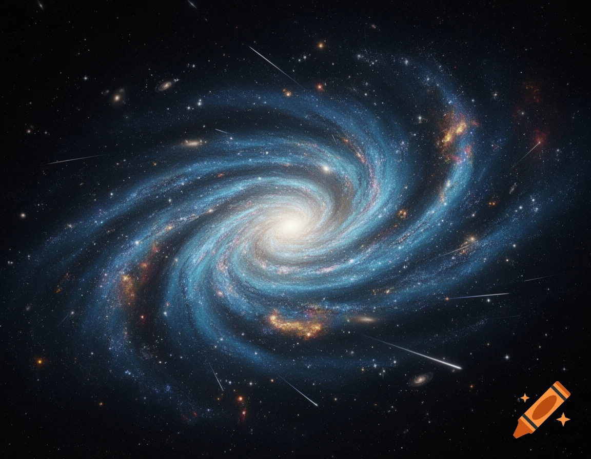 A vibrant blue and orange spiral galaxy with shooting stars against a dark cosmic background.