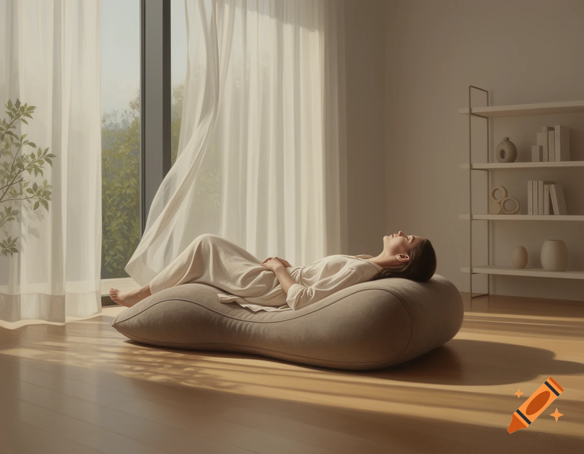 A woman relaxes on an ergonomic cushion by a sunlit window with flowing white curtains and a minimalist bookshelf.