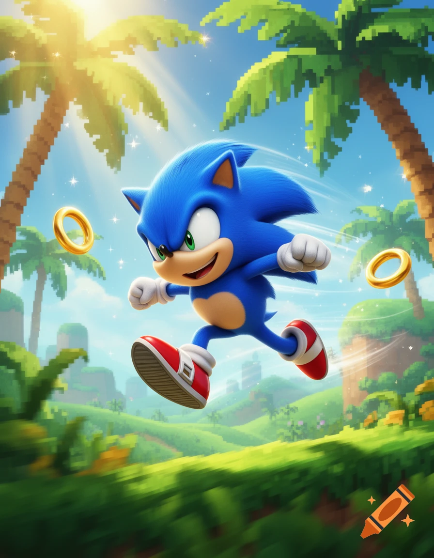 Sonic the Hedgehog runs through a vibrant, stylized Green Hill Zone with pixelated palm trees and golden rings.