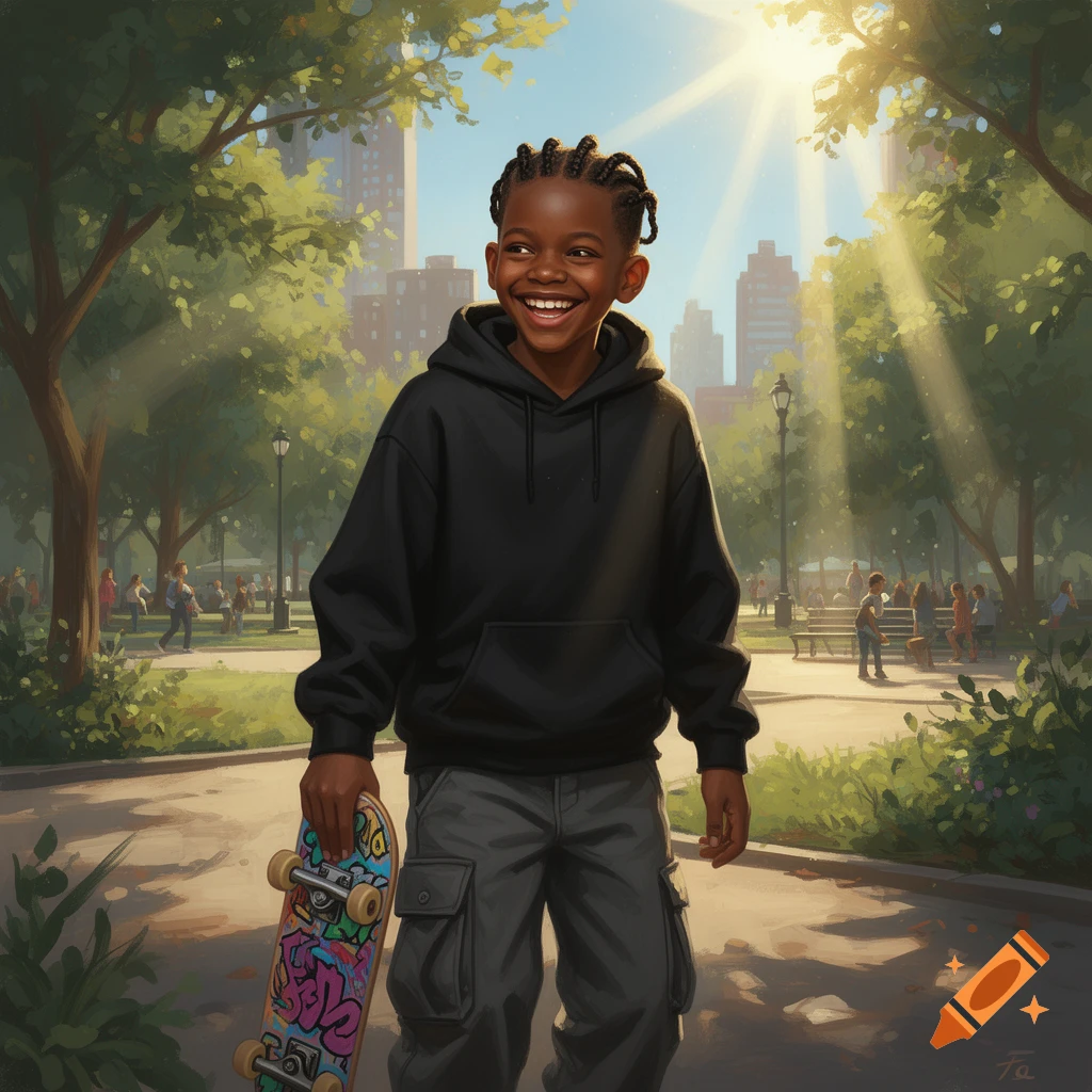 A smiling African American boy with cornrows holds a skateboard in a sunny park with city buildings in the background, digital painting.
