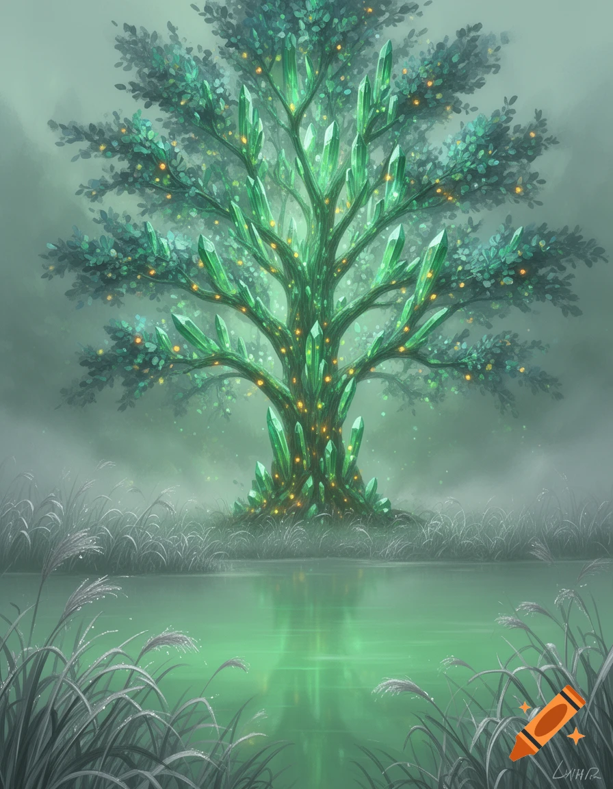 A magical crystal tree with glowing green crystals and lights by a serene green lake surrounded by misty grass, in a fantasy art style.