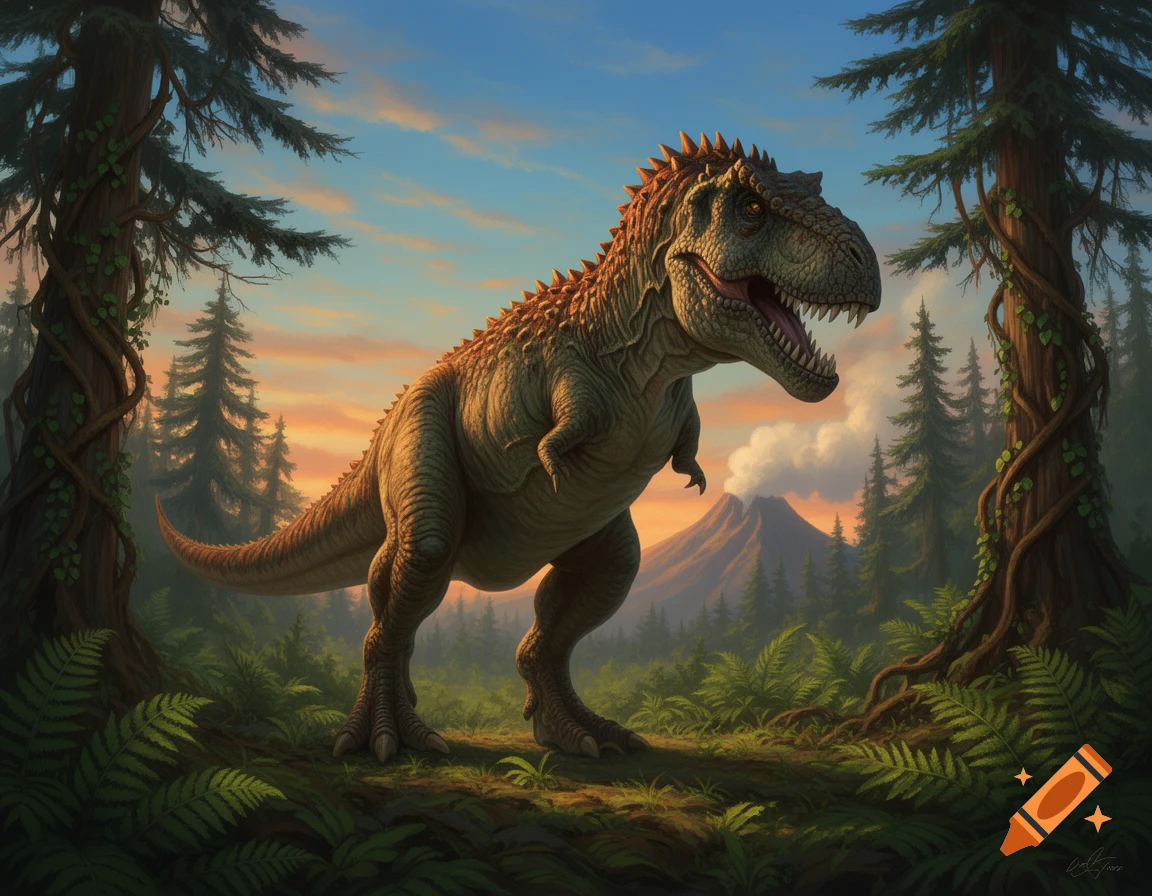 A detailed dinosaur with spiky scales stands in a lush prehistoric forest at sunset, with a smoking volcano in the background.