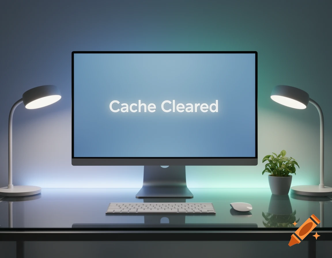A minimalist desk setup features a computer monitor displaying 'Cache Cleared', flanked by two lamps and a potted plant.