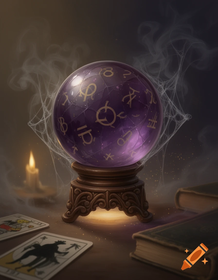 A mystical still life with a glowing purple crystal ball on a wooden stand, tarot cards, old books, and a lit candle on a dark table, with smoke and cobwebs.
