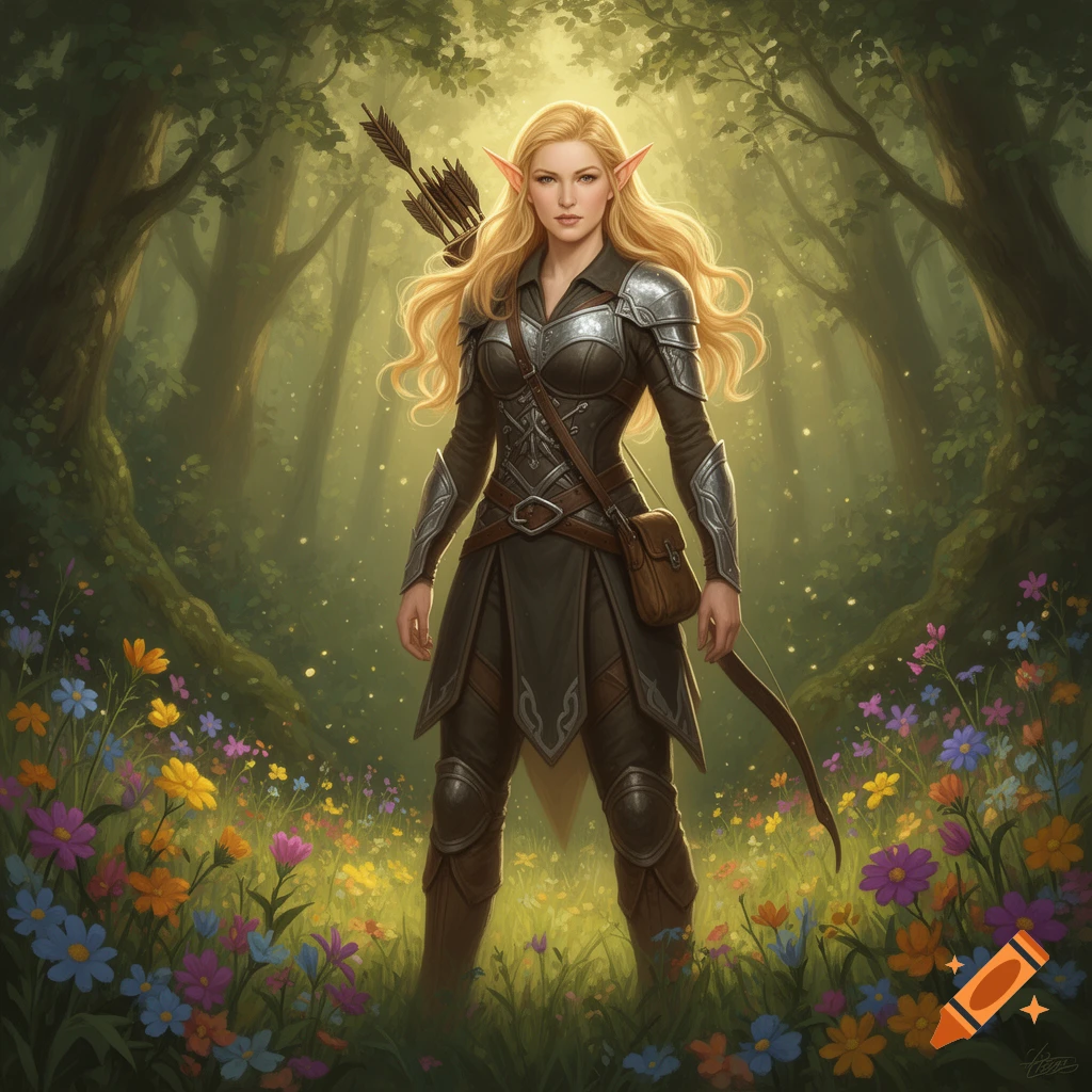 A female elf warrior with blonde hair, dressed in fantasy armor, stands in a vibrant forest meadow filled with wildflowers.