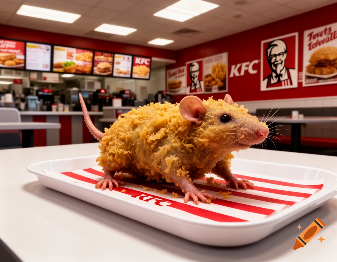 A realistic image of a deep-fried rat on a tray with red stripes, inside a KFC restaurant.