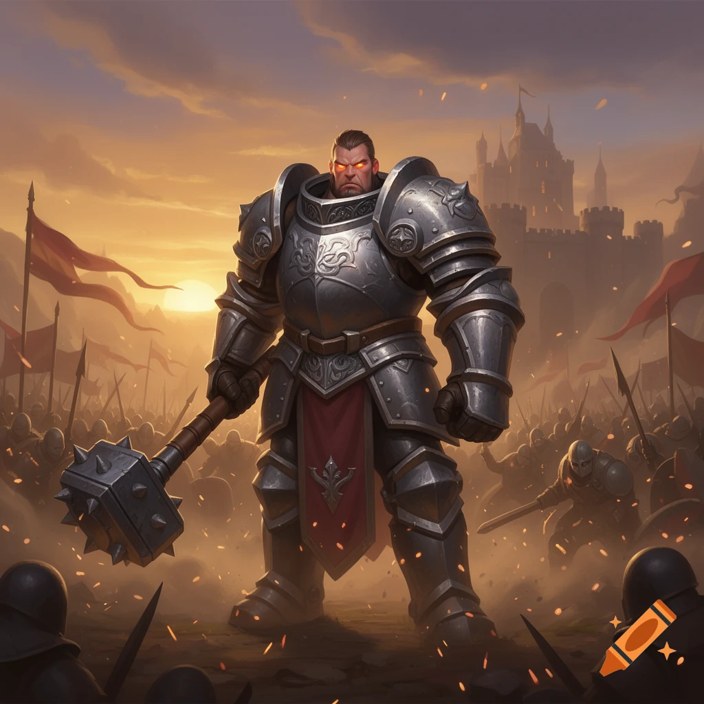A powerful, armored knight with glowing red eyes stands on a battlefield, holding a spiked mace, with a castle and an army in the background at sunset.