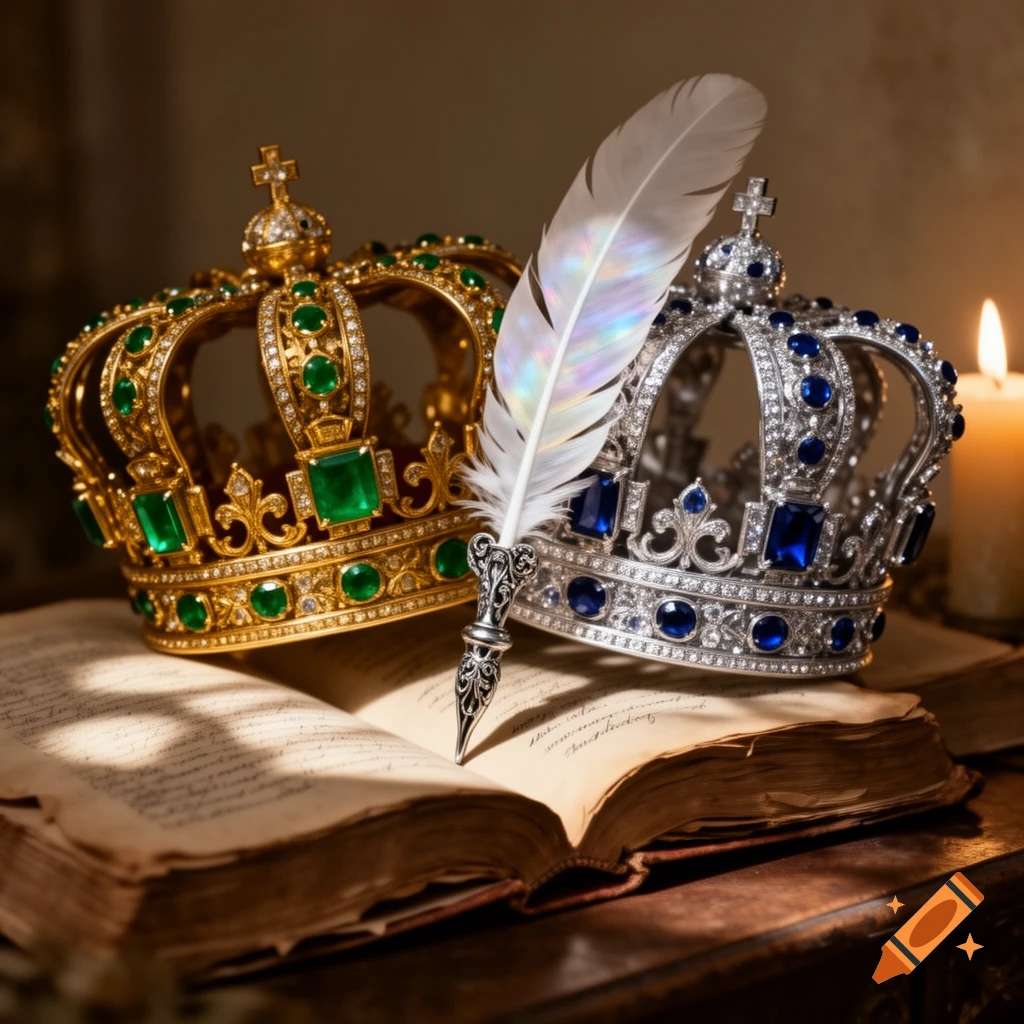 Two ornate crowns (gold with green gems, silver with blue gems), an antique quill, an open old book, and a lit candle.