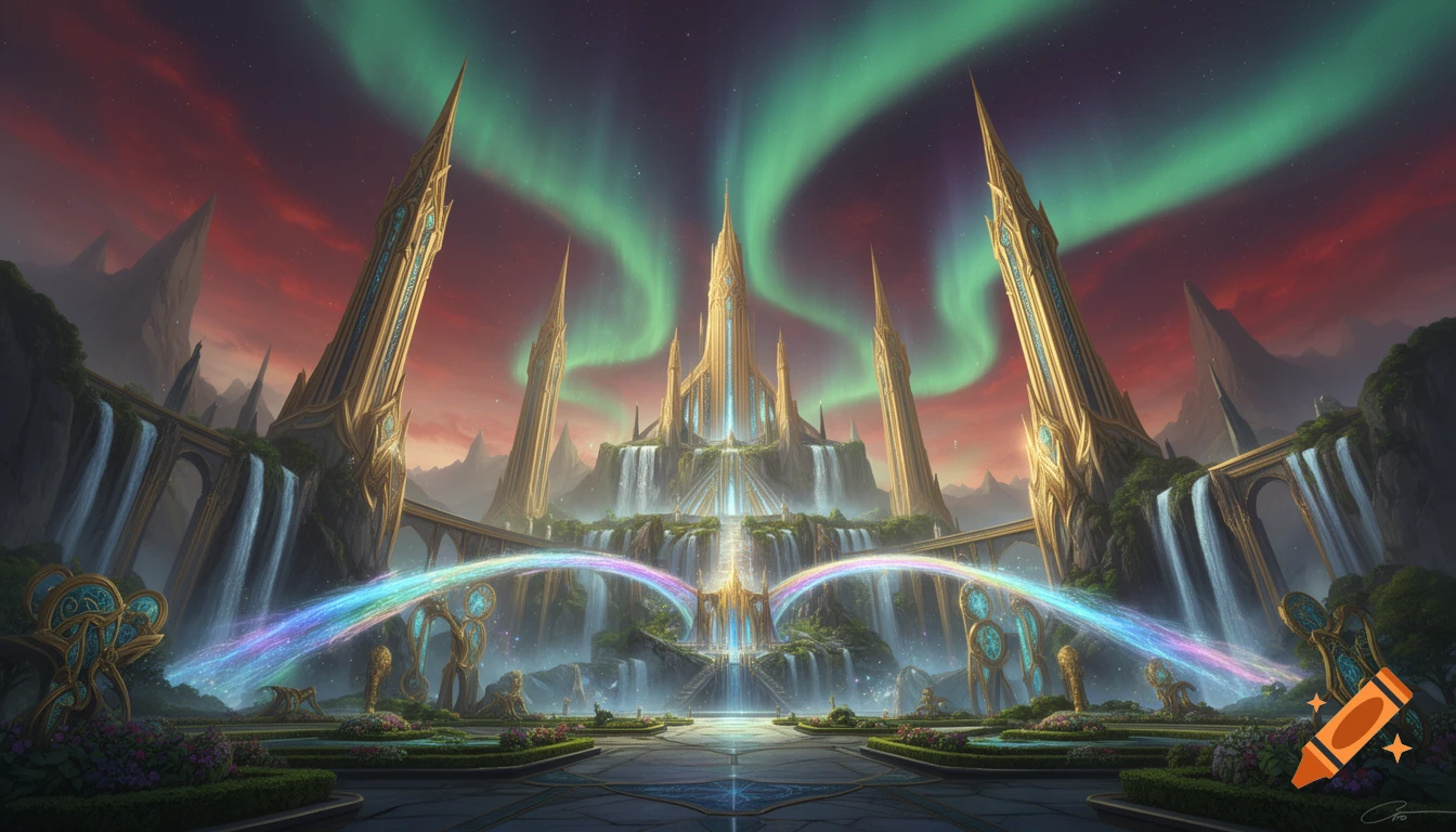 A majestic golden fantasy city with waterfalls and rainbow light trails ...