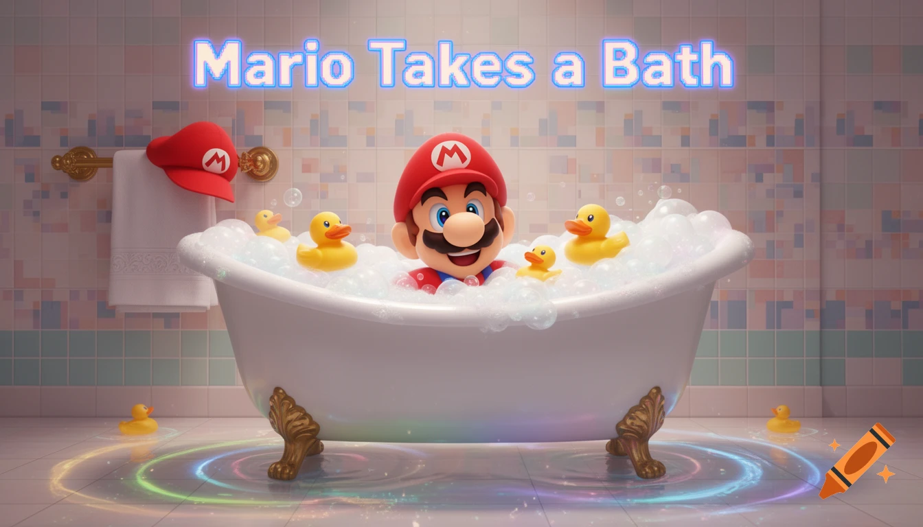 Mario in a bubble bath with rubber ducks in a colorful bathroom, in a 3D animated style.