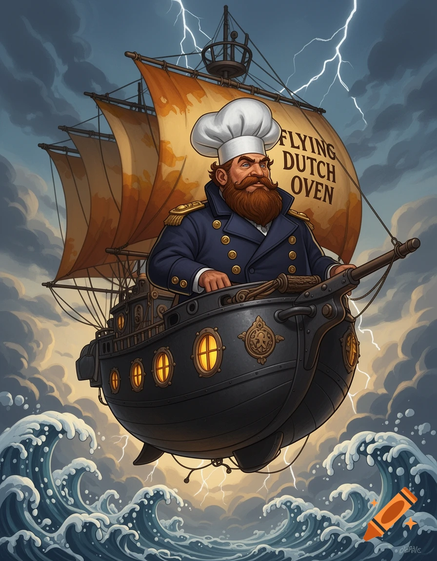 A bearded captain in a chef's hat steers a steampunk flying ship with "FLYING DUTCH OVEN" on its sail through a stormy sky with lightning and waves.