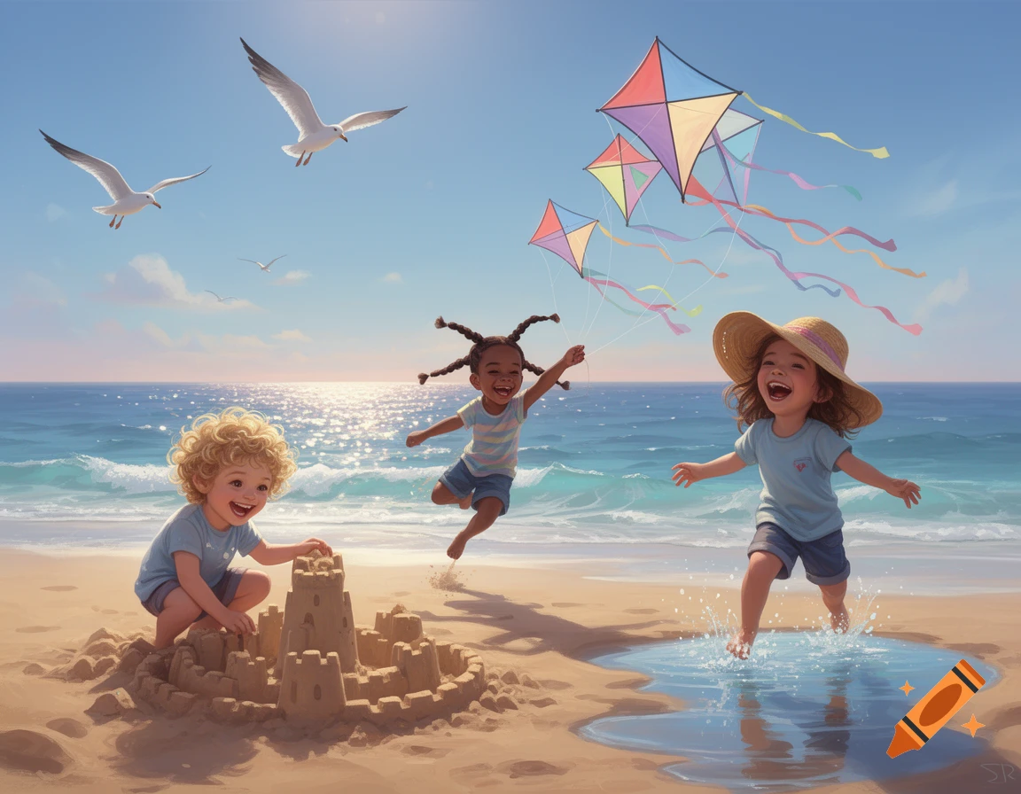 Three joyful children play on a sunny beach, one building a sandcastle, one running, and another flying colorful kites.
