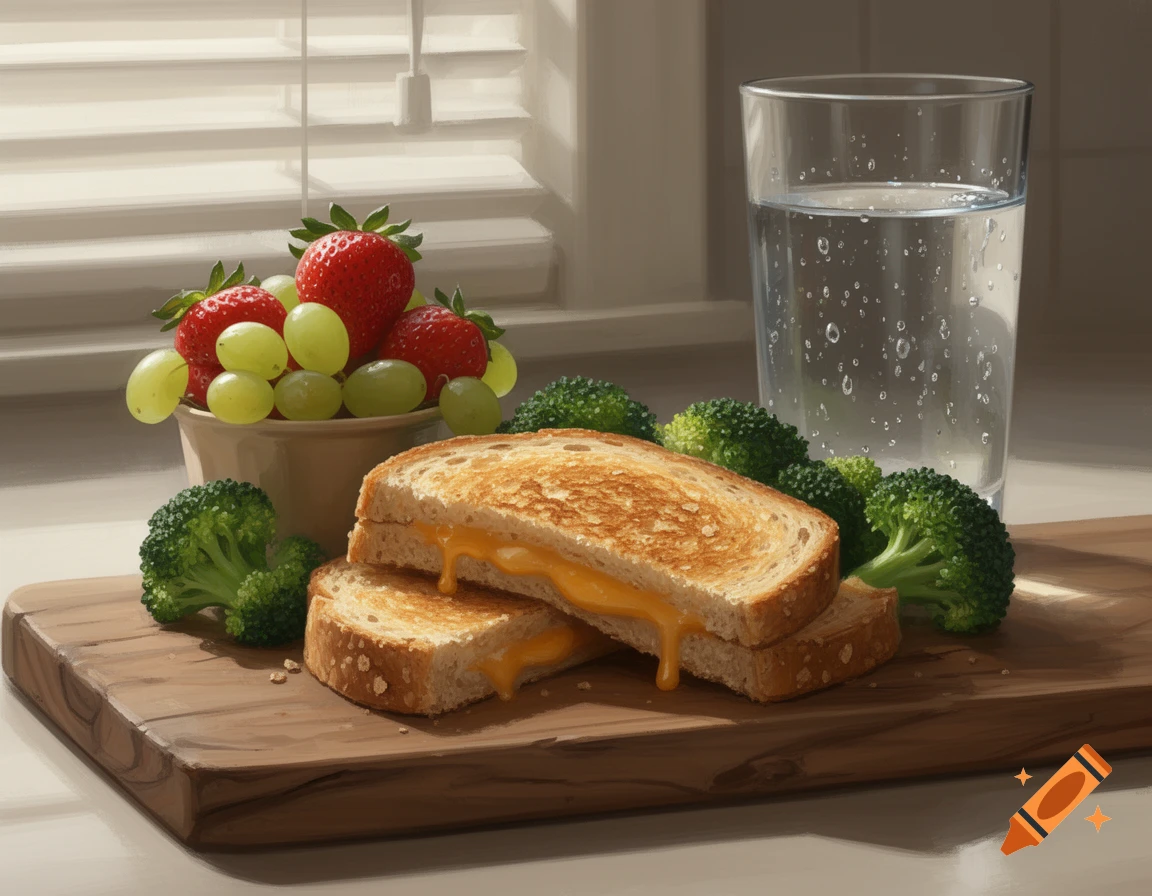 A grilled cheese sandwich, broccoli florets, a bowl of strawberries and green grapes, and a glass of water on a wooden cutting board.