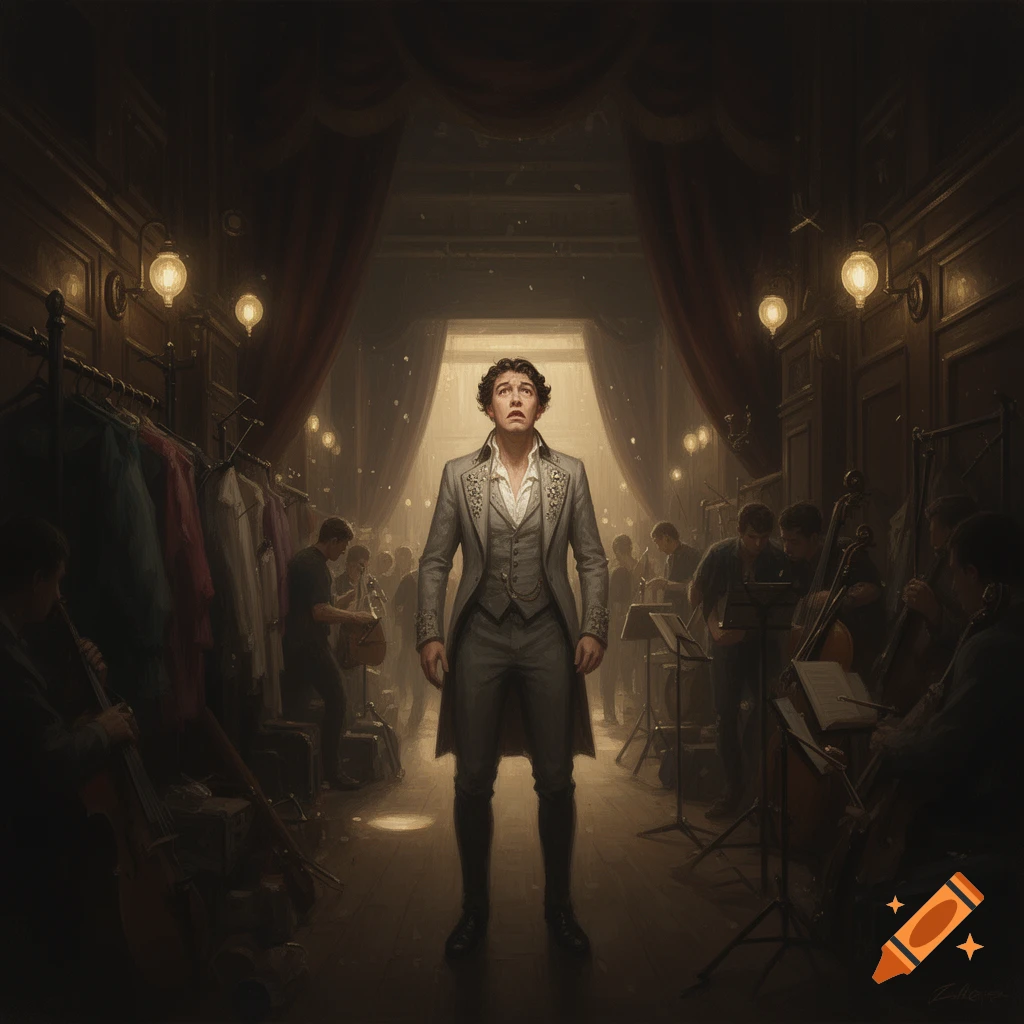 A man in a grey period suit stands center stage, looking worried, surrounded by an orchestra backstage under warm lights.